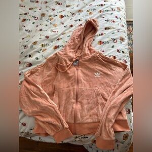 Adidas peach velour 3 stripe trefoil cropped zip up hoodie